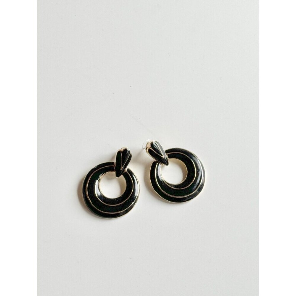 Vintage 80's Unsigned Black Gold Enamel Art Deco Round Drop Earrings